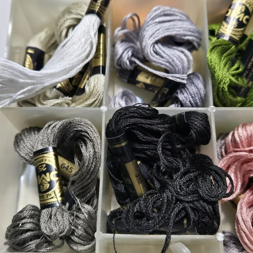 Lot of DMC Embroidery Floss Skeins with 17-Compartment Storage Organizer